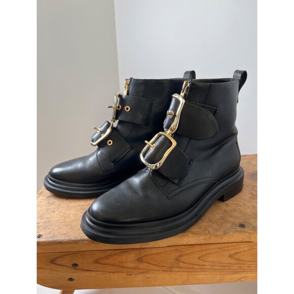 ASOS Black Leather Gold Metal Double Buckle Ankle Biker Boot US Size 6 UK Size 4 - Picture 4 of 14